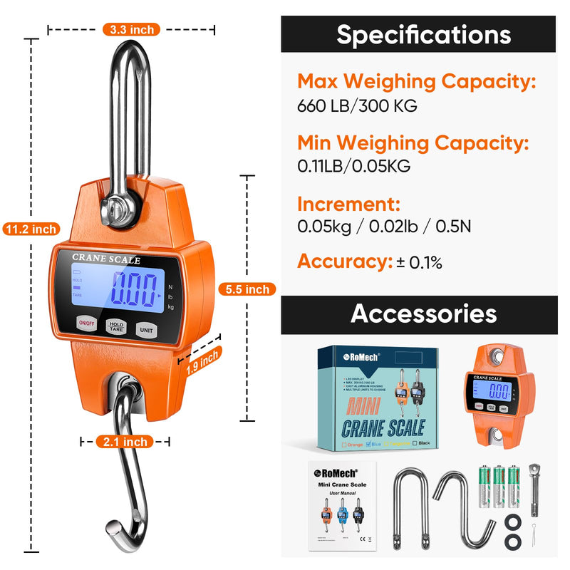 RoMech 660lb Digital Hanging Scale with Cast Aluminum Case, Handheld 300Kg Mini Crane Scale with Hooks for Farm Hunting Fishing Outdoor (Orange) Orange 660lbs