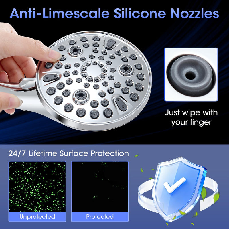 Shower Head with Handheld, High Pressure 10 Spray Built-in Pause & Power Wash, Anti-clog Nozzles, Detachable Hand Held Showerhead with Leakproof Stainless Steel Hose&Adjustable Overhead Bracket Chrome Modern Premium Chrome