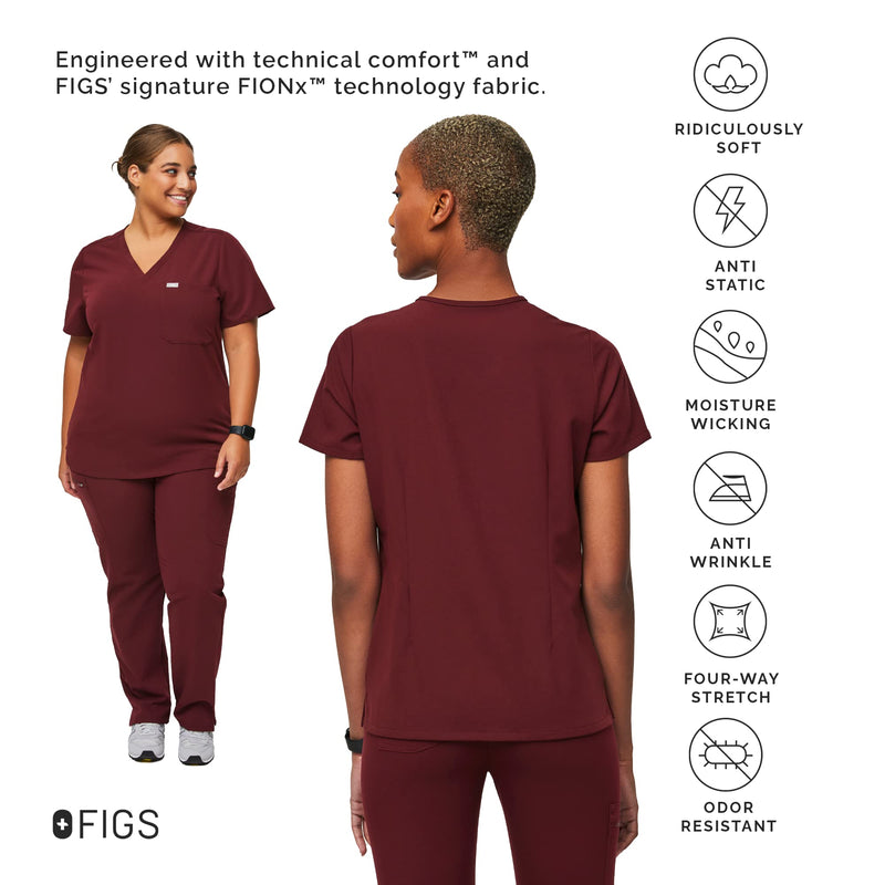 FIGS Catarina One-Pocket Scrub Top for Women - Burgundy, S