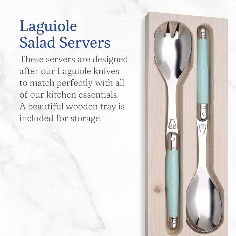 Jean Dubost Salad Servers, Turquoise Handles - Rust-Resistant Stainless Steel - Includes Wooden Tray - Made in France