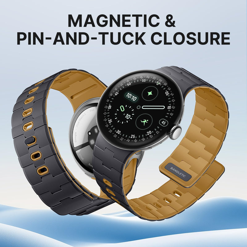 Bandletic Magnetic Silicone Band Compatible with Google Pixel Watch 4-1 | N54 Magnet Plus Pin Tuck, Stays on Arm During Hard Runs, Fits Pixel Watch 4/3 45mm, for Gym, Office or Date Night, Men Women Anthracite Gray/Ochre 45mm for Pixel Watch 4/3