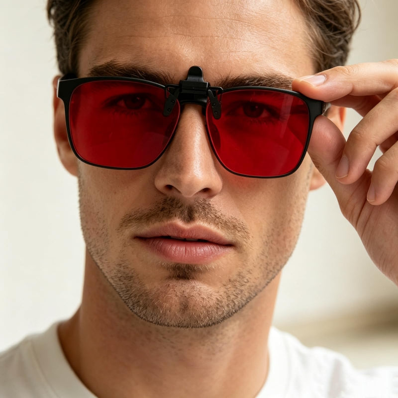 Eyekepper Clip on Blue Light Blocking Glasses, Red Lens for Sleep, 60*50MM | Flip up Clipon Attachment for Square Eyeglass, Anti UV Ray Clip ons, Screen Bluelight Filter Clips, Clip-on Tinted Snap on
