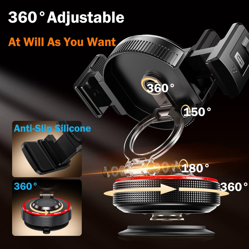 for Magsafe Car Mount, Magnetic Clip 2-in-1, Vacuum Gel Suction Cup | Steady Durable 360° Rotating Adjustable Heat & Cold Resistant Foldable for iPhone Android Kitchen Office Desktop Travel Black