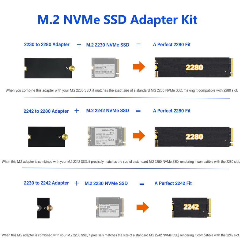M.2 NVMe SSD Extension Bracket Kit,2230/2242 to 2280 & 2230 to 2242 Adapter | Multifunction M.2 SSD Adapter Kit W/Screws, for PCIe Gen3/Gen4 NVMe SSDs. Fits Laptops Desktops PS5 and Raspberry Pi 5