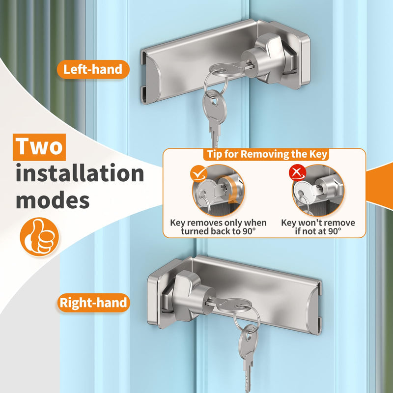 90 Degree Sliding Door Lock, Security Right Angle Hasp Latch Lock, Gate Latch Fit for Barn, Garden, Fence, Patio (Silver, 3.3 in with Key-2 Pcs) Silver