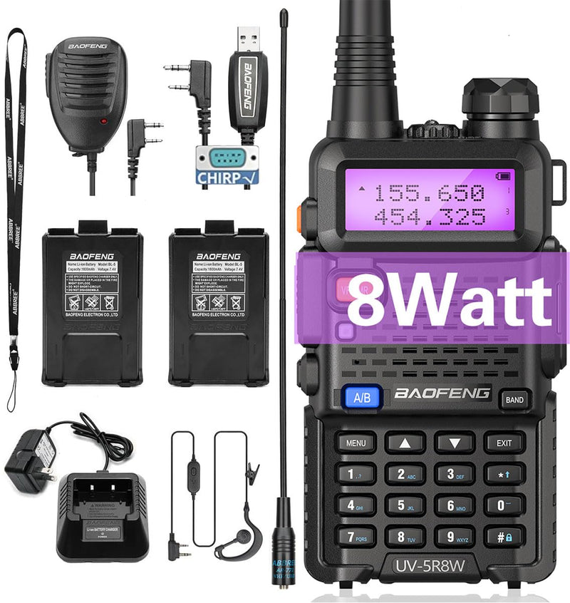 Baofeng UV-5R 8W Ham Radio Handheld Long Range UV5R Two Way Radio with Double Battery Extra Programming Cable Speaker Mic Rechargeable Walkie Talkies (Black-8W 1Pack Full Kits)