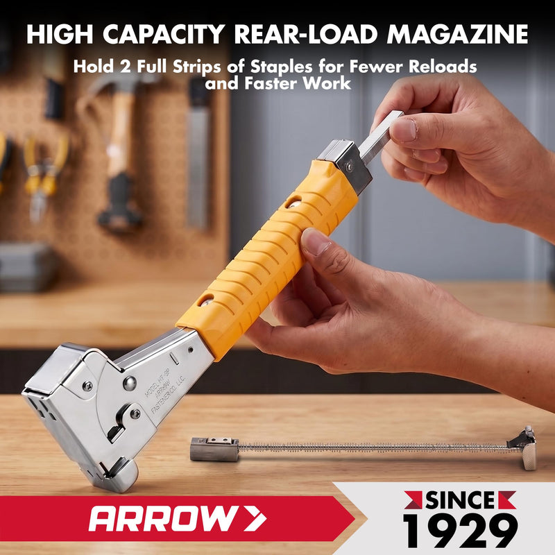 Arrow HT50 Heavy Duty Hammer Tacker, Chromed-Steel Manual Stapler with Sure-Grip Handle, Dual-Capacity Rear-Load Magazine, Fits 5/16”, 3/8", or 1/2" Staples (1-Pack)