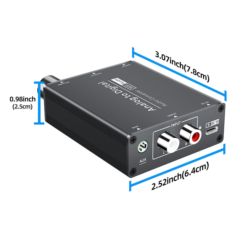 Analog to Digital Audio Converter RCA to Optical with 3.5mm AUX Jack Toslink and Coaxial Adapter with Adjustable Volume
