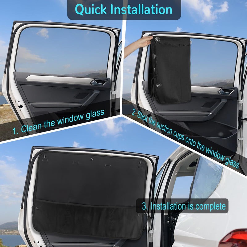 Car Sun Shade Side Window, 2 Pcs Blackout Car Window Shade for Baby Privacy with Storage Net Pockets Car Curtains 7 Suction Cups for Heat/UV Protection Sun Block Covers Black-2pcs