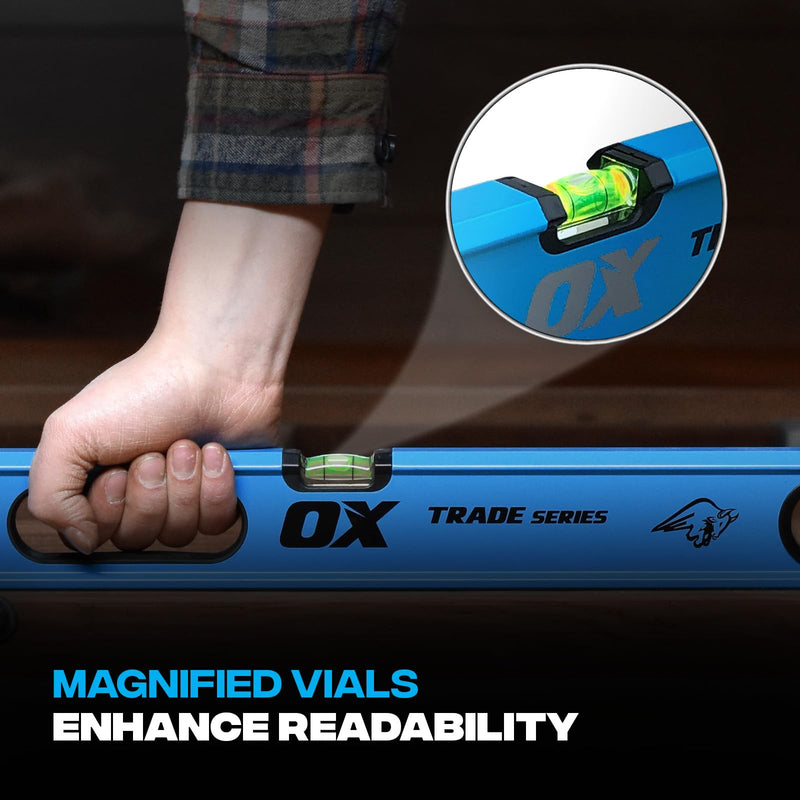 OX Trade 4 Foot Level Box Beam - 48 Inch Level Aluminum Body - Magnified Vial 4ft Levels with Shock Absorbing End Caps - Soft Grip Handle Leveler Tool - Nivel De 4 Pies 48 inches