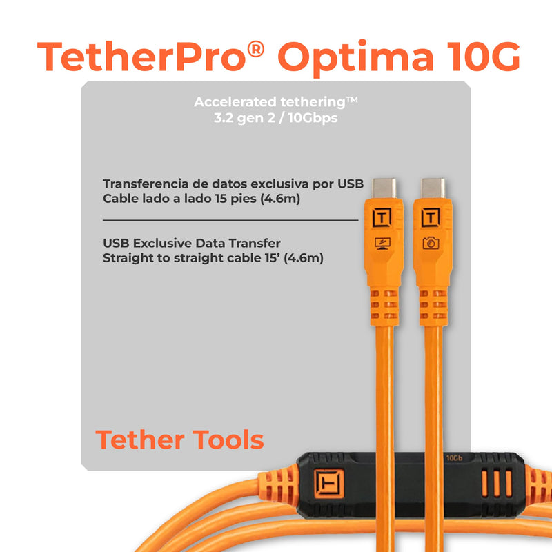 TetherPro Optima 10Gbps Gen 2 USB-C, 15' (4.6m), Straight to Straight, High-Visibility Orange 15' (4.6m)