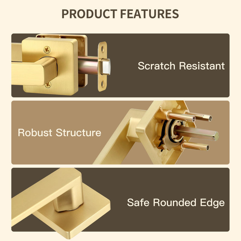 Moquin Passage Gold Door Handle Without Lock or Key, Non-Locking Heavy Duty Square Interior Door Lever for Hallway or Closet, Satin Brass 1 Pack Passage-NO Lock & NO Key
