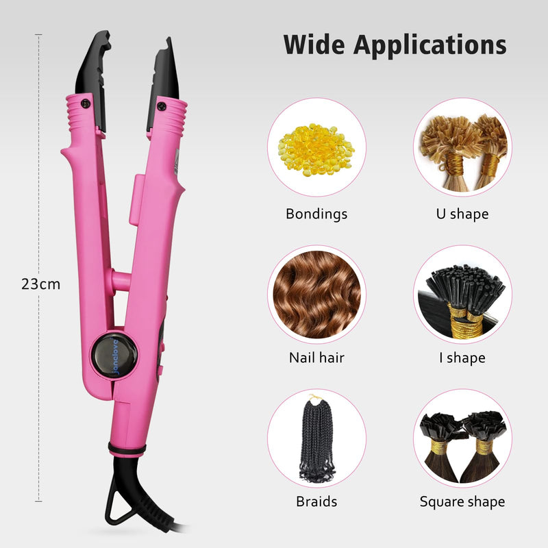 janelove Professional Hair Extensions Iron, Fusion Heat Connector, Pre Bonded Hair Extensions Iron Kit Tool, UK Plug, 210°F-390°F Temperature Adjust (Pink)