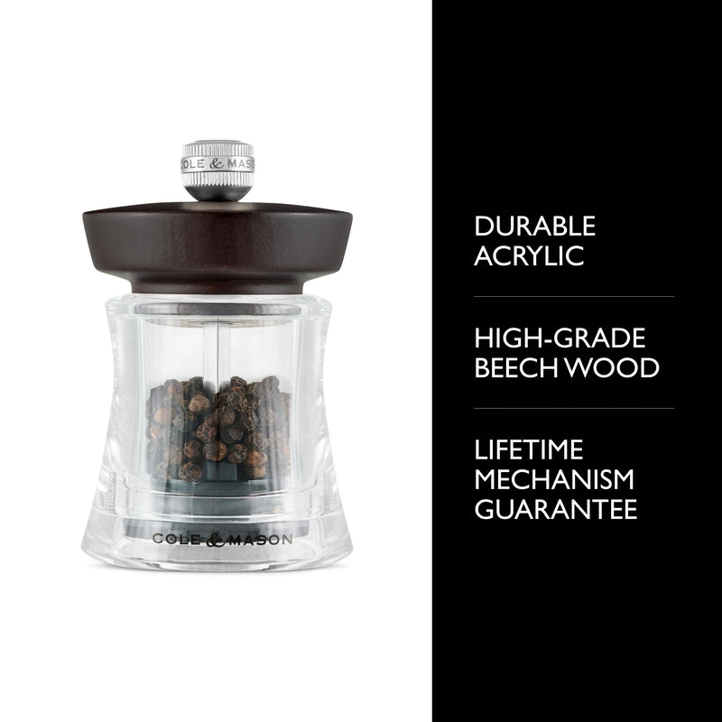 Cole & Mason Holborn Acrylic Pepper Mill - Compact Hand Grinder - Acrylic Kitchen Tool with Adjustable Grind Setting - Easy-to-Clean Grinder with Premium Design - Chocolate Pepper Mill, 3.75"