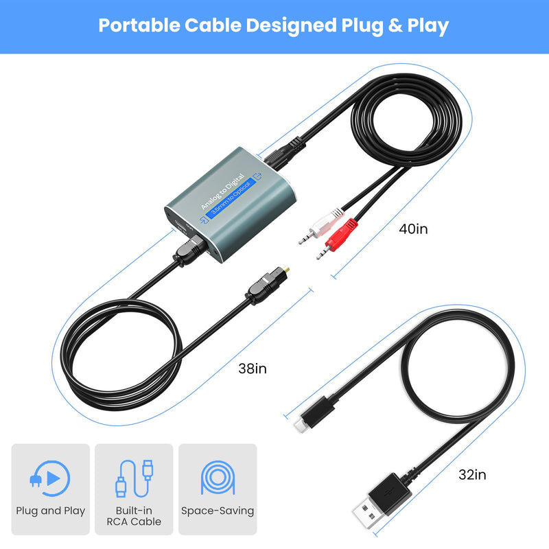 3.5mm to Optical Adapter Aluminum RCA to Optical Audio Converter Analog to Digital Audio Converter with Cable 3.5mm AUX Toslink Adapter for TV Amplifier Speaker/Soundbar/Home Theater ADC converter Aux to Optical 1