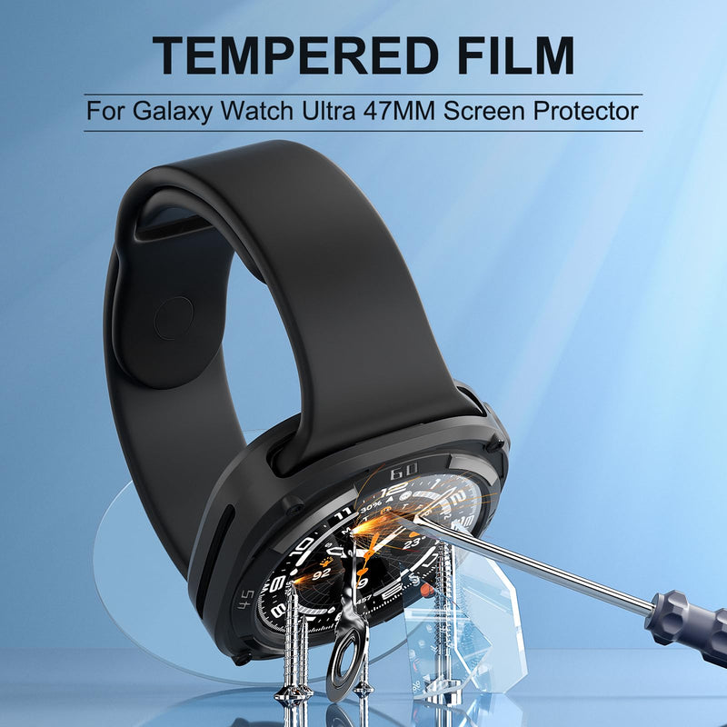 Bumper Cover & Glass Protector for Samsung Galaxy Watch Ultra 47mm | 1-Pack Soft TPU Bumper Case & Tempered Glass, Anti-Fall Anti-Scratch, Easy Install, Black, Ultra 8 / Ultra 7 47mm Ultra 8 / Ultra 7
