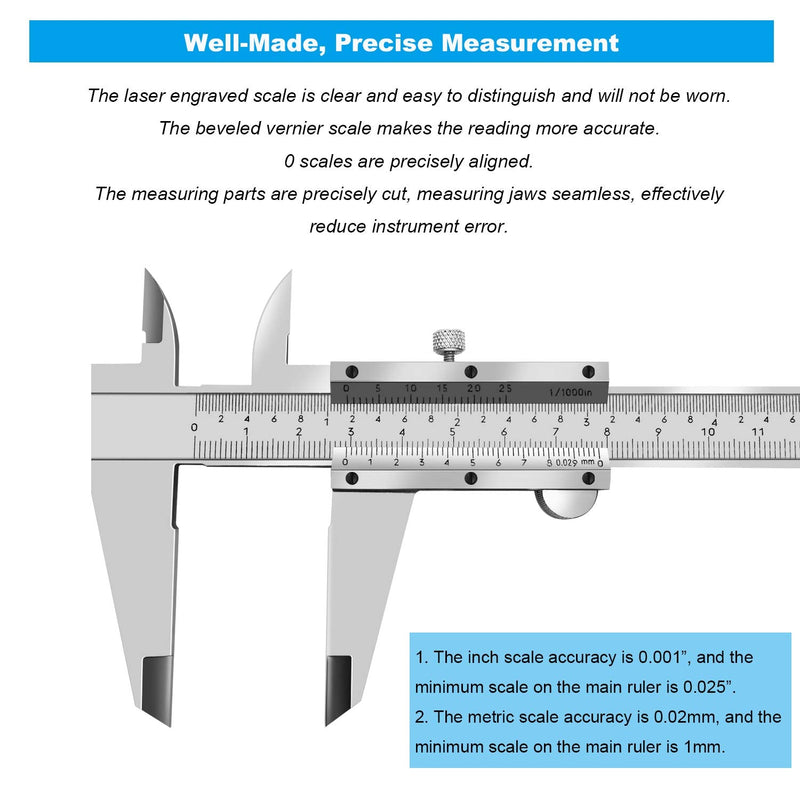 ZLKSKER 8 Inch / 20 cm Micrometer Vernier Caliper, Stainless Steel Precision Measuring Tool (Inch/Metric), Depth/Inside/Outside/Step Measurement, Accuracy 0.001" / 0.02mm