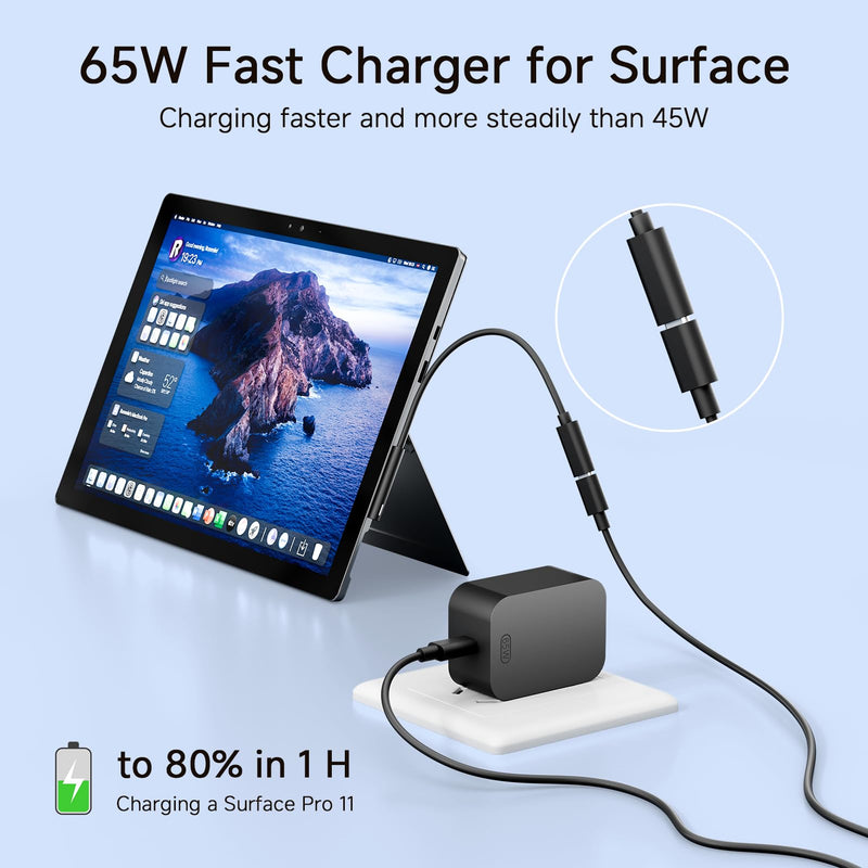65W Charger for Microsoft Surface Pro 11, 10, 9, 8, 7+, 7, X, 6, 5, 4, 3, 2-in-1 Power Adapter for Windows Surface Laptop 7/6/5/4/3/2/1, Go Tablet, Book 3/2/1, 6.6ft USB-C Cable, Original Quality