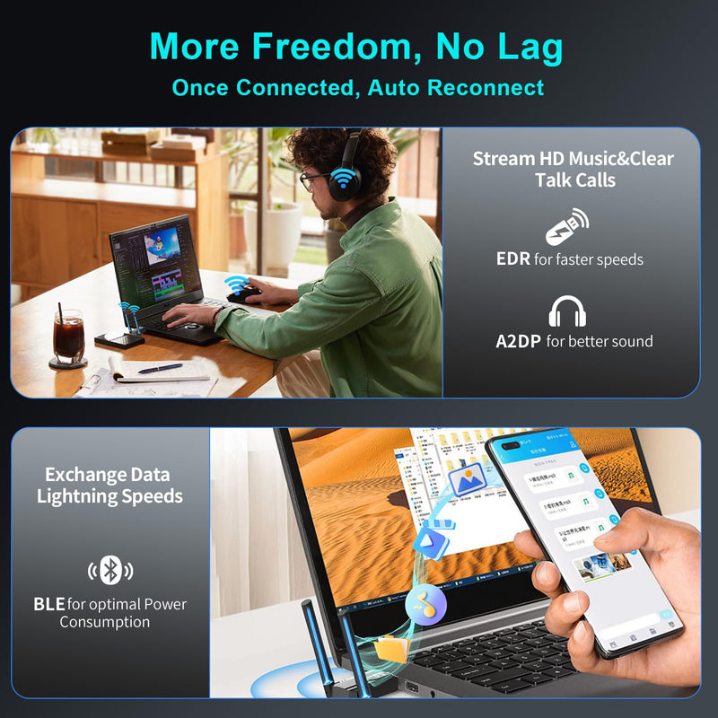 USB Bluetooth 5.4 Adapter for PC Laptop, Long Range 492FT Wireless Dongle Adaptor for Windows 11 10 8.1 7 Desktop, Plug and Play Bluetooth Mouse Keyboard Headphones Speaker Game Controller