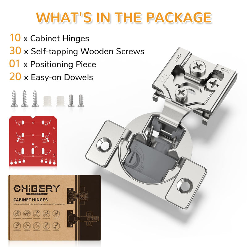Chibery 10 Pack 1/2” Overlay 4D Soft Close Cabinet Hinges, Concealed Face Frame, Adjustable Closing Speed, 105° Opening Smooth Slow, Hidden Self Closing for Kitchen Corner, Cupboard (with Template)