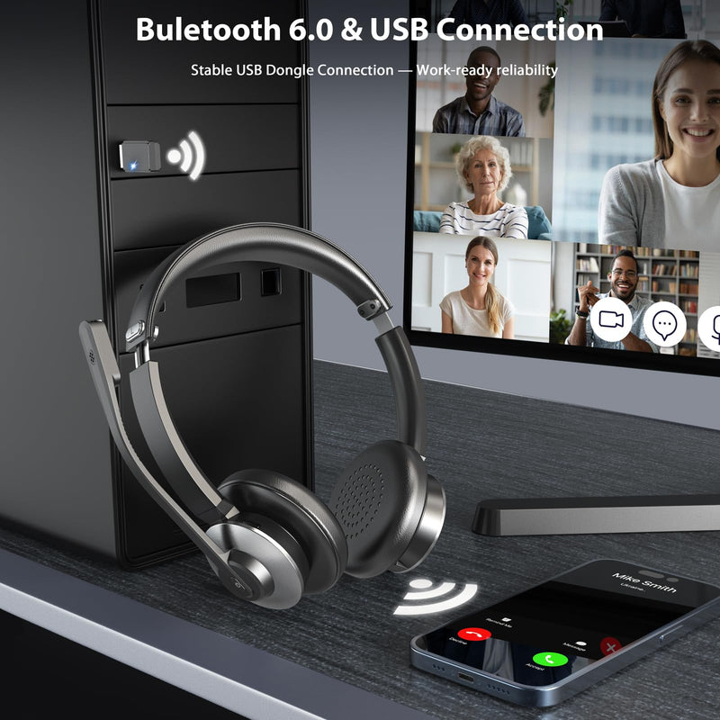 Wireless Headset with Microphone, AI Noise Cancelling Headset for Office | V6.0 Bluetooth Headset with Mute & Charging Base, Computer Headphones 36H Work, Call Center/PC/Phone/Laptop/Teams Black Silver