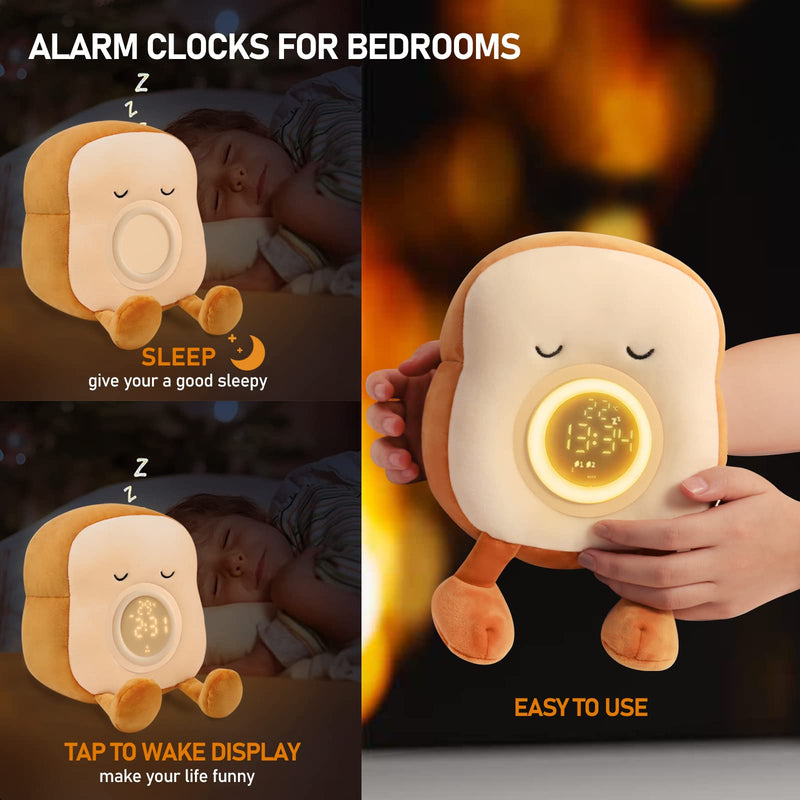 QANYI Kids Night Light Plushies, Funny Food Toast Bread Plush Cute Stuffed Alarm Clocks for Bedrooms, Cool Bedside Lamp Gifts for Women Kids 6 7 8 9 10 11 Year Old Girls