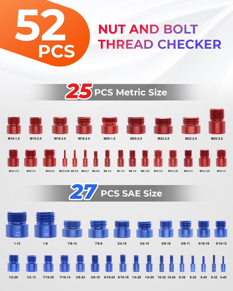 52pcs Thread Checker, 27 SAE & 25 Metric Nut and Bolt Thread Checker, Thread Gauge, Bolt Size Finder Kit for Size Check in Tricky and Narrow Areas 52