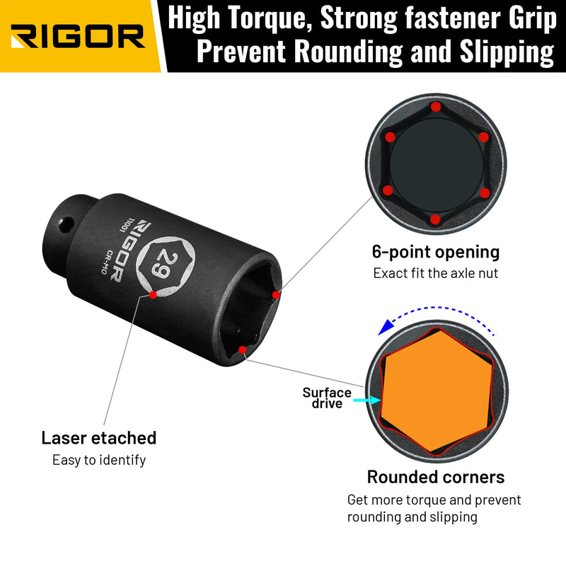 RIGOR 11001 29mm Axle Nut Impact Socket | 1/2-Inch Drive, 6 Point, Deep, CR-MO, Metric | Quick-Fit for Hog Ring Anvil | Laser Etched
