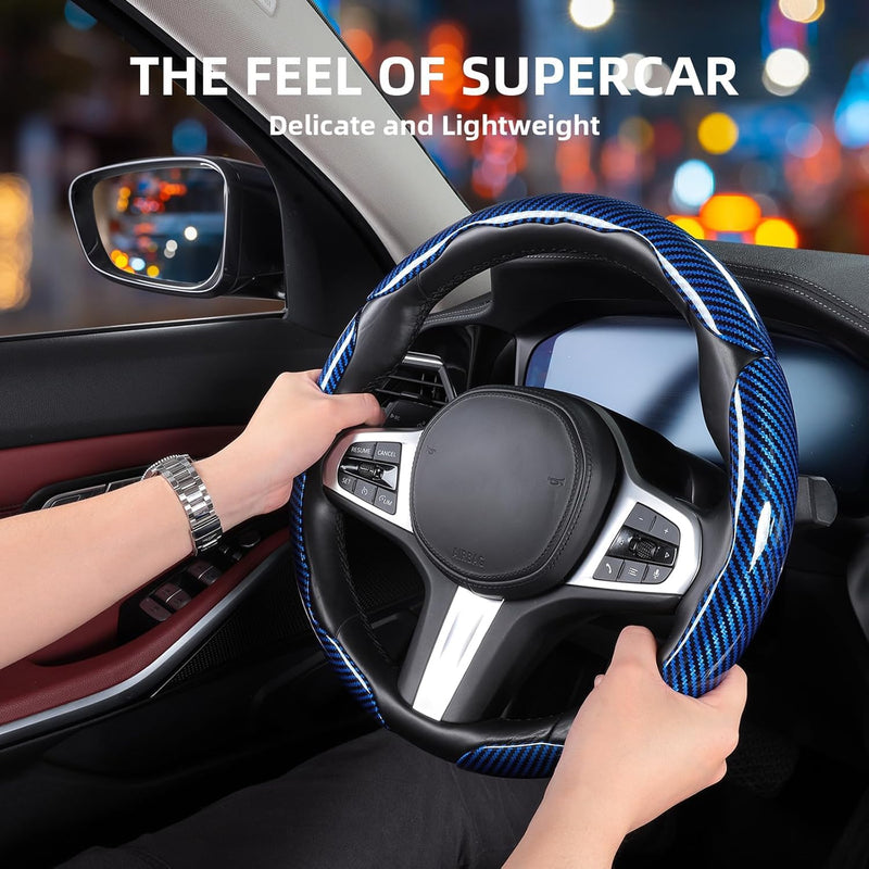 [AUSTRALIA] - Carbon Fiber Steering Wheel Covers 3 Piece Clip on Steering Wheel Cover (Blue) Blue Standard Size[14"1/2-15"]