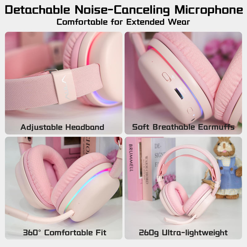 G7 Wireless Gaming Headset, Surround Sound 10ms Low Latency, PC Headset with Detachable Noise Canceling Mic, 40mm Driver, Tri-Mode 2.4G/BT5.2/Wired, Over Ear Headphone for PS5,PS4,Switch Pink