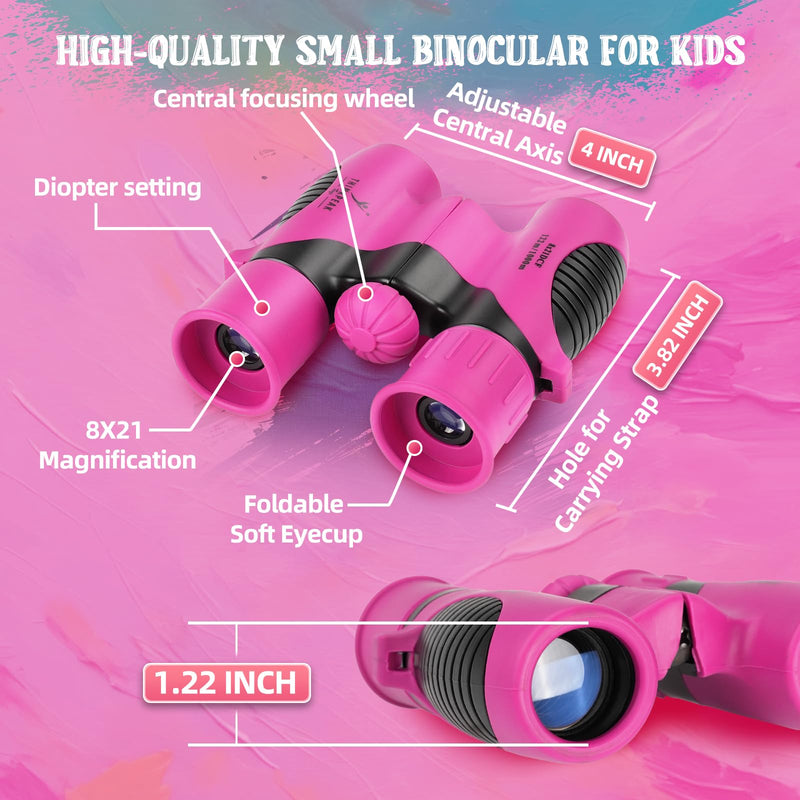 Portable Kids Binoculars 8x21 - Compact Shockproof Real Binoculars for Kids | Great for Bird Watching, Camping, Hiking | Educational Birthday Gift for Boys & Girls Aged 3-12 | Incl. Compass & Carabiner Rose-Pink