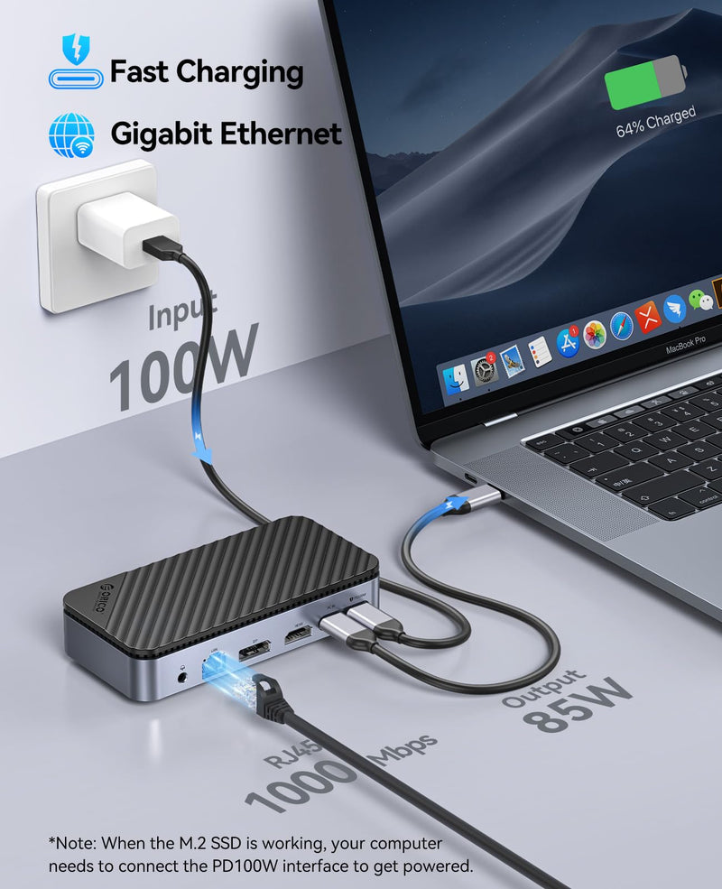 ORICO 12-in-1 USB C Hub with M.2 SSD Enclosure 10Gbps, Tool-Free USB C Docking Station with Built-in Fan, HDMI, DP, Gigabit Ethernet, 100W PD, SD/TF, Audio/Mic, USB A & Type C for Laptop Mac-M2P11