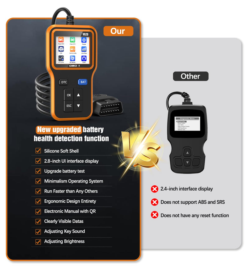 OBD2 Scanner with Upgrade Battery Tester - Diagnostic Tool for Cars That Check Engine Light & Emissions Readiness Read and Clears Vehicle Error Codes for All OBD II Protocol Vehicles Since 1996 orange