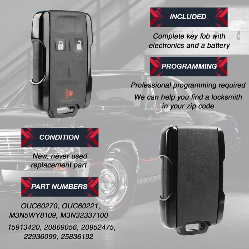 2X Car Keyless Entry 3-Button Remote Replacement with Aftermarket Key for 2014 2015 2016 2017 2018 2019 Chevrolet Colorado Silverado Suburban Tahoe GMC Canyon Sierra Yukon (M3N32337100) Two