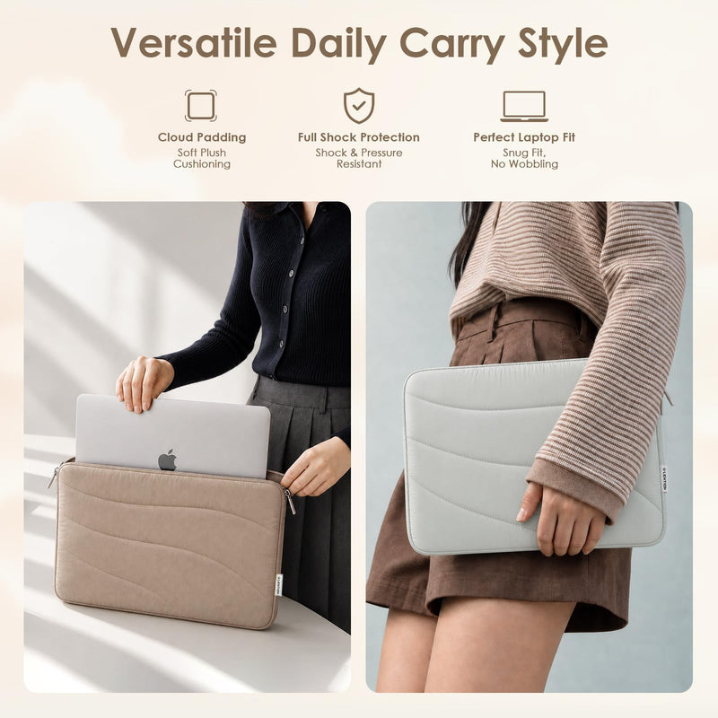 LENTION 14in Cloud Puffy Laptop Sleeve Water-Resistant Shock-Absorbing Case | Velvet Inner Lining, Slim Portable Design, Minimalist Camel Compatible with 13-14 Inch Laptops for Daily Commute Travel