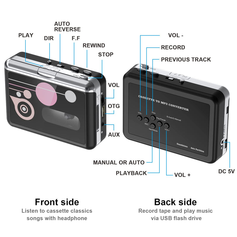 Portable Cassette Player Converter, Convert Cassette to MP3 via USB Disk, USB/Tape Audio Music Player with Earphones, No PC Required | Convert Tapes to MP3 via USB Drive Black-Pink