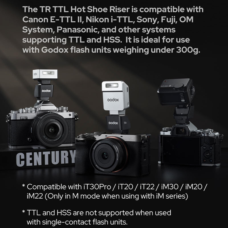 Godox TR-S TTL Hot Shoe Riser for Sony Camera, Hot Shoe Extender for Godox iT30Pro-S iT20-S iT22-S iM30 iM20 iM22 Mini Flash, 0-90° Tilt Adjustment, Raises 30mm Height, Reduce Lens Shadow