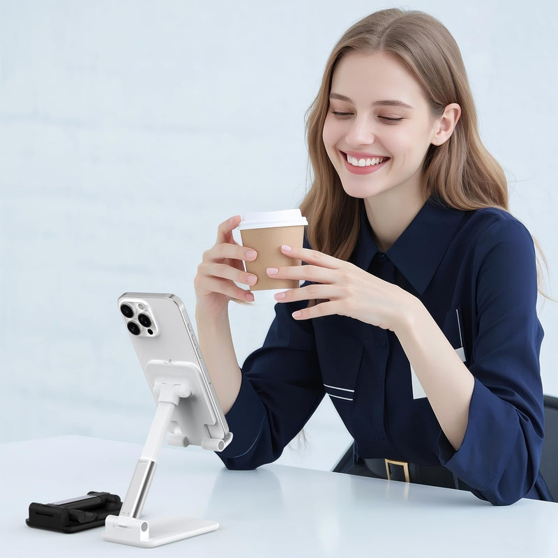 2 Pack Cell Phone Stand for Desk, Adjustable Angle & Height, Foldable Portable Phone Holder with Anti-Slip Silicone Pad, Compatible with iPhone 17/16/15/14/Smartphones 4–8 Inch, Black&White