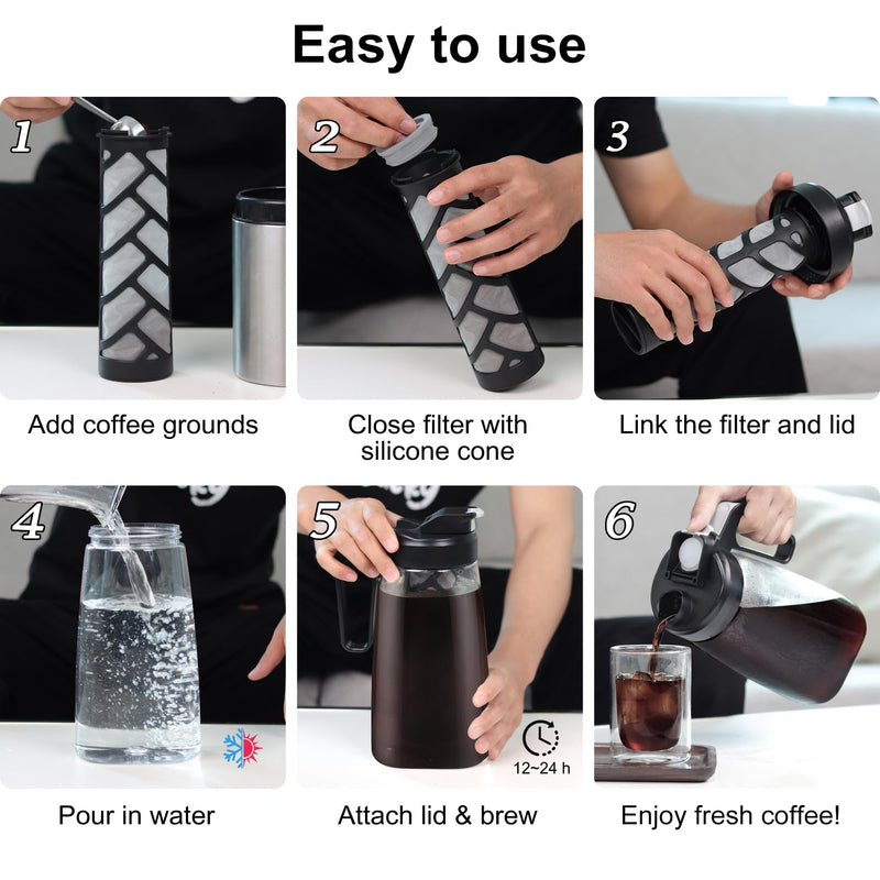 Sivaphe Large Ice Cold Coffee Maker 2 Quart, Dishwasher Safty Traitan Carafe Pitcher Leak Proof, Reusable Filter 64 oz Iced Hot Coffee Tea Method Brewer Black+clear