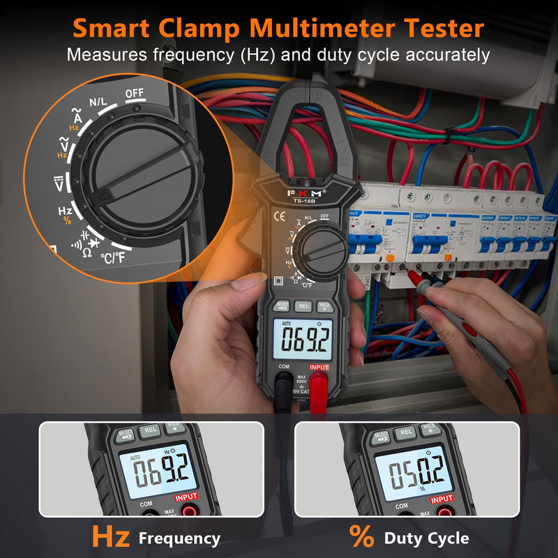 FKM Clamp Meter,TRMS 6000 Counts 600 Amp Digital Clamp Multimeter Voltage Tester,Auto-ranging Volt Meter,for AC/DC Voltage,AC Current,NCV,Capacitance,Resistance,Continuity,Hz/Duty Cycle,Diode,TempTest Black-(AC Current)Clamp Meter