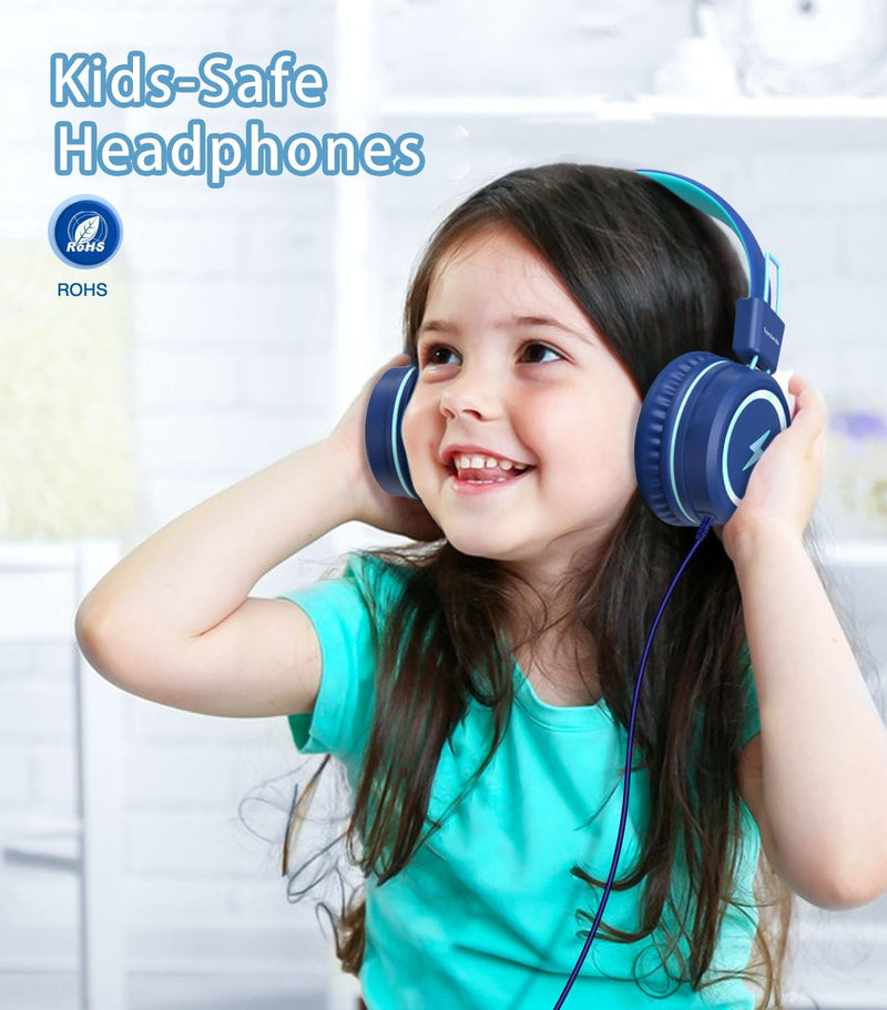 Kids Headphones with LED Lights for School, Upgrade USB Type C Kid Headphone with Microphone, Volume Limiter 85/94dB, Wired On Ear Headphones for Boys/Girls/Tablet/Travel -Blue Blue