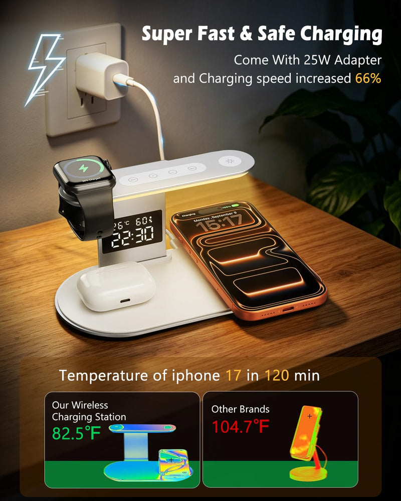 5 in 1 Wireless Charger for iPhone, iWatch, AirPods | 2026 Upgraded Charger Station with Fast Charging Adapter, Bedside Lamp for iPhone 17-12, iWatch 3-11, AirPods, White Silver