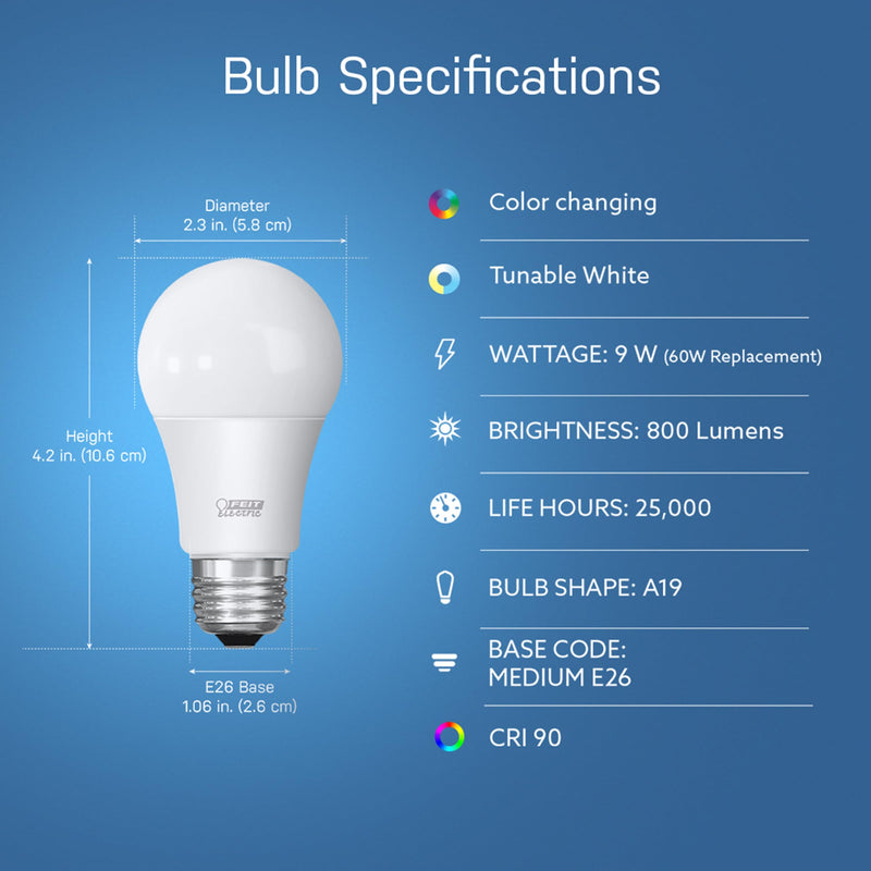 Feit Electric A19 Smart LED Light Bulb, 60W Equivalent, Dimmable, RGBW Color Changing, Alexa & Google Home Compatible, 2.4GHz Wi-Fi Enabled, 800 Lumens, 25,000-Hour Lifetime, OM60/RGBW/CA/AG/6, 6-Pack Rgbw + 60w 6 Count (Pack of 1)