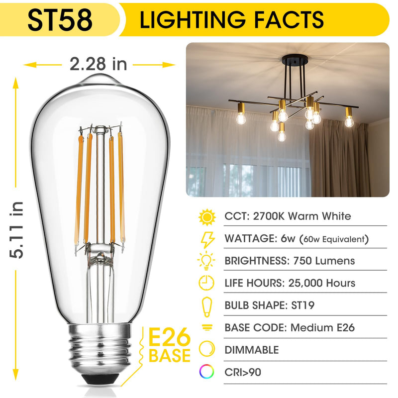Gozelux Vintage LED Edison Bulbs 6W, Equivalent 60W Incandescent, Warm White 2700K, ST58 Antique LED Filament Bulbs with 90+ CRI, E26 Medium Base,Dimmable, Clear Glass, Pack of 6 6 Count (Pack of 1)