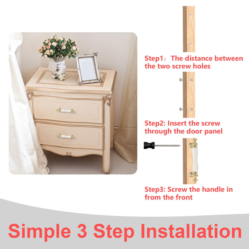White Ceramic Knobs Vintage Furniture Drawer Knobs for Dresser Handle Kitchen Cabinets Cupboard Pull Handles with Screws 4 Pcs (Double Hole, Hole spacing 128mm) Double hole, hole spacing 128mm