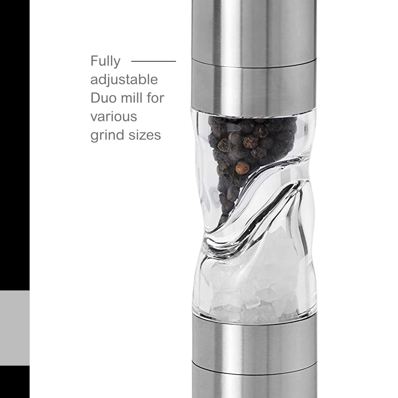 AdHoc Duomill Pure Salt and Pepper Combo Mill - Stainless Steel Salt & Pepper Mill - Handy Salt & Pepper Grinder - Stainless Steel