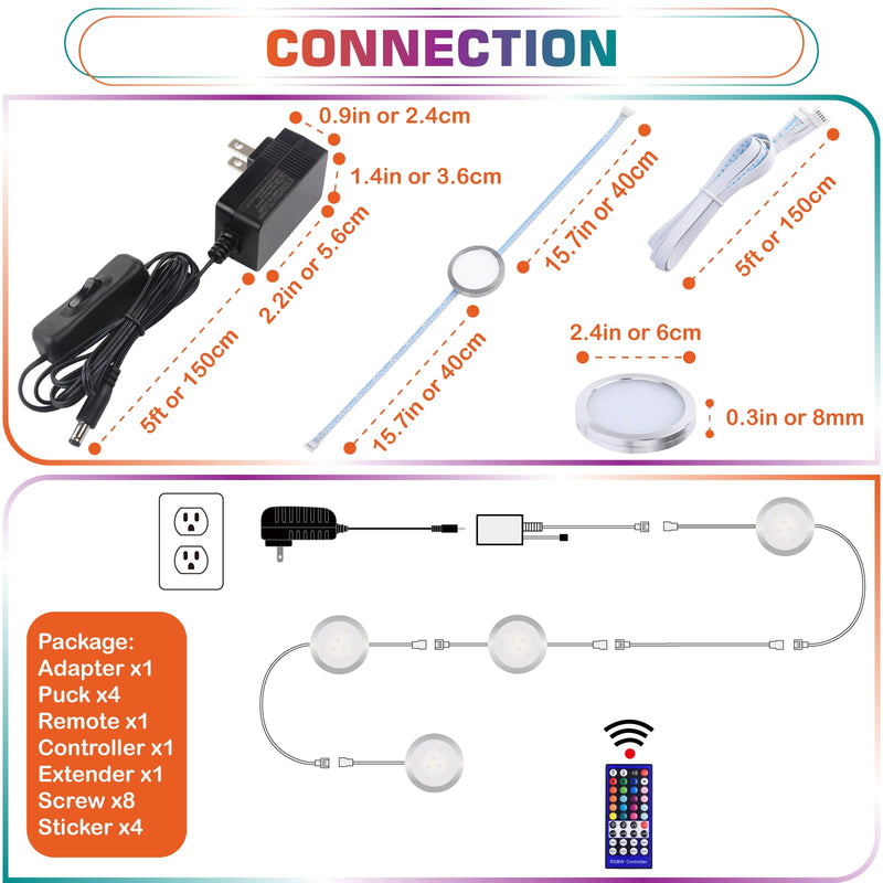 RGBWW Under & Above Shelf Light, Round LED Puck for Accent & Ambient Lighting, Color Changing & True Warm White, Remote Dimmable, Daisy Chain Linkable, 110 Volt Wall Plugged in, 4 Lights 4 Lights Kit