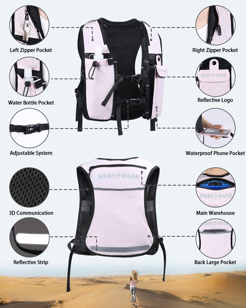 Running Hydration Vest for Women Men,Lightweight Breathable Hydration Pack with 500ml Soft Flask, Adjustable Chest Straps Reflective Backpack for Trail Running Marathon Race Jogging Cycling Pink