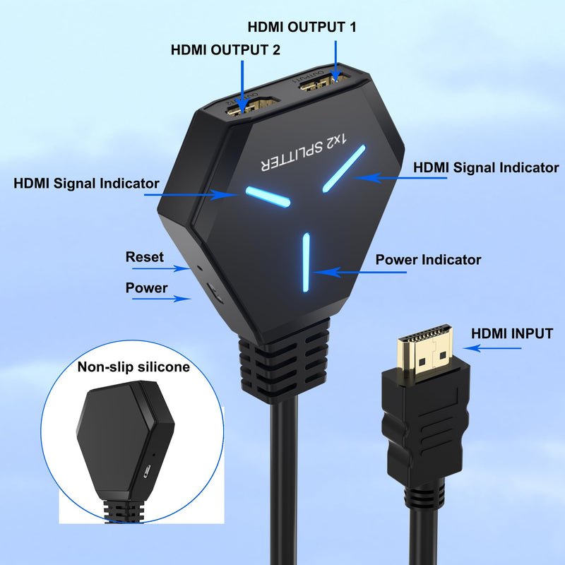HDMI Splitter 1 in 2 Out Duplicate/Mirror (Not Extend), 4K@30hz HDMI Splitter for Dual Monitors for Full HD, 1080P, 3D, Compatible with Xbox, PS4, PS5, TV, Projector, Computer