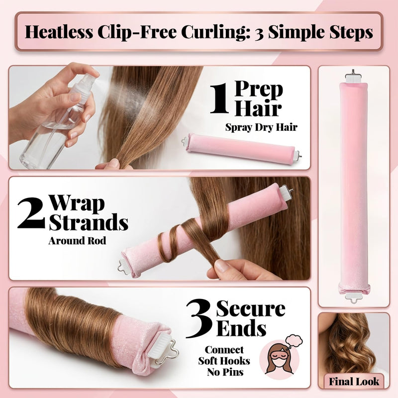 3PCS Heatless Curling Rods with Silk Scarf, No Heat Hair Rollers for Overnight Curls & Frizz-Free Blowouts, DIY Curlers for All Hair Types